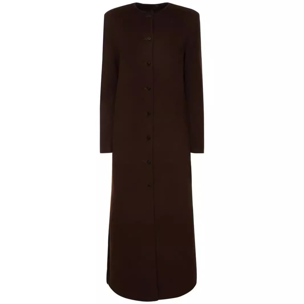 Damen Langer Minimalistischer Stehkragenmantel aus Wollmix mit verdeckter Knopfleiste Shop Nory