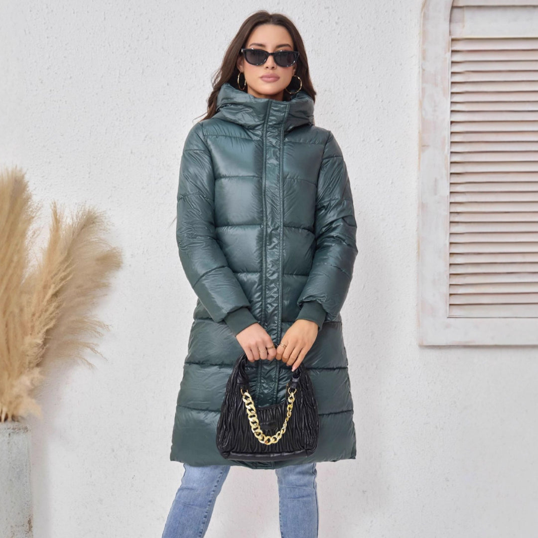 Damen Langer Puffer‑Mantel mit hohem Stehkragen, wattierter Steppung und elastischen Bündchen Shop Nory