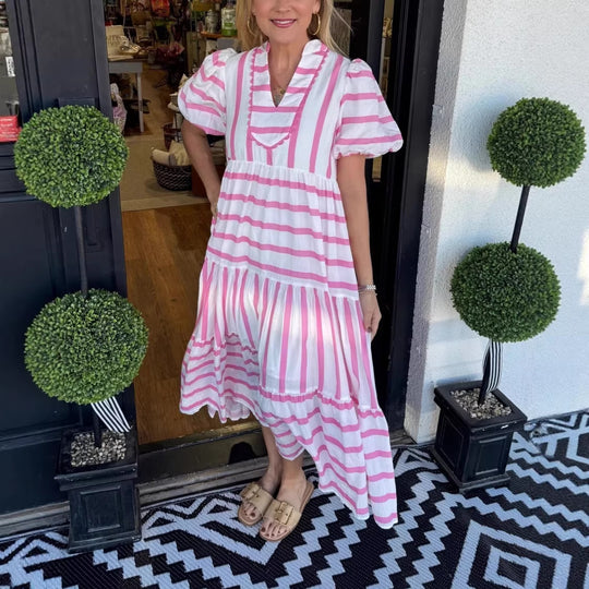 Damen Gestreiftes Maxi-Kleid mit Stufenrock, Rüschenblende und Puffärmeln Shop Nory