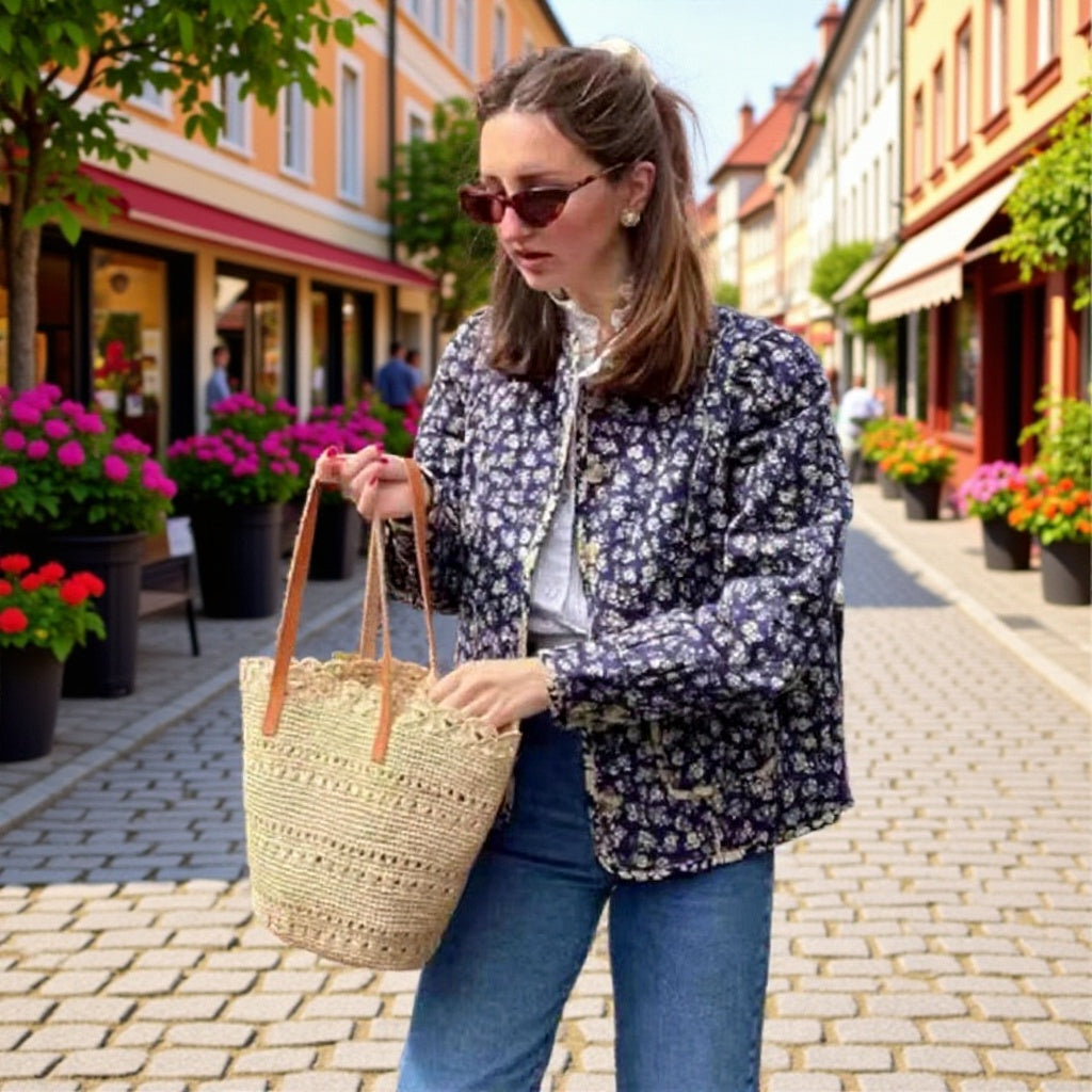 Damen Geflochtene Korbtasche aus Bast mit Lederhenkeln und Volantrand Shop Nory