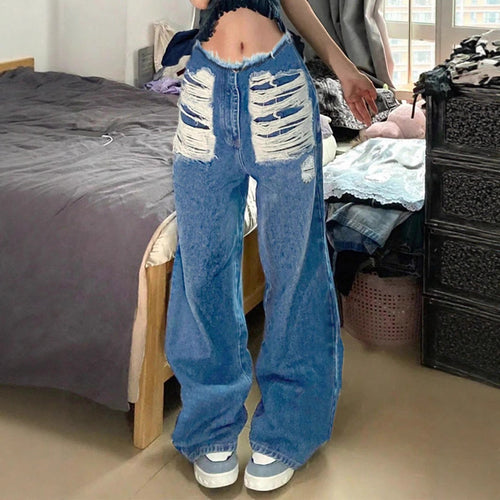 Damen hochgeschnittene weite Jeanshose aus Denim mit stark zerstörter Front und rohem Bund Shop Nory