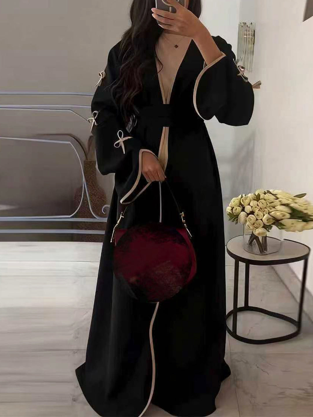 Damen nan elegante Abaya-Kaftan mit weitem Trompetenärmel, kontrastierender Passe und Wickelgürtel Shop Nory
