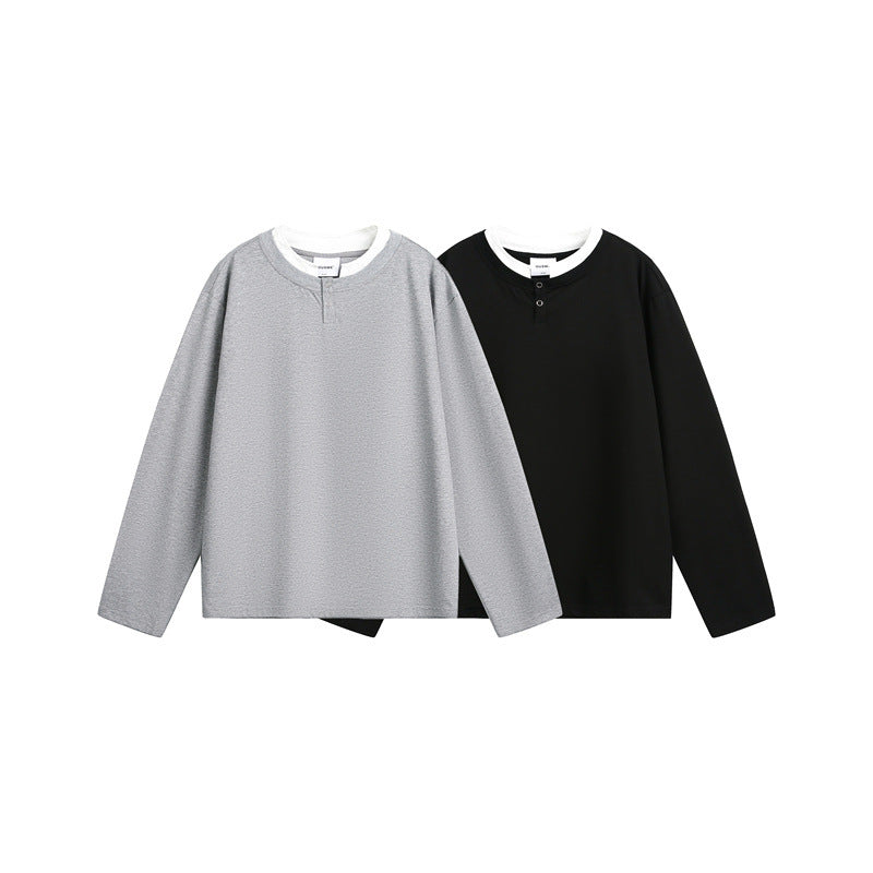 Unisex Lässiges Layering-Henley-Langarmshirt mit Kontrast-Doppelkragen Shop Nory