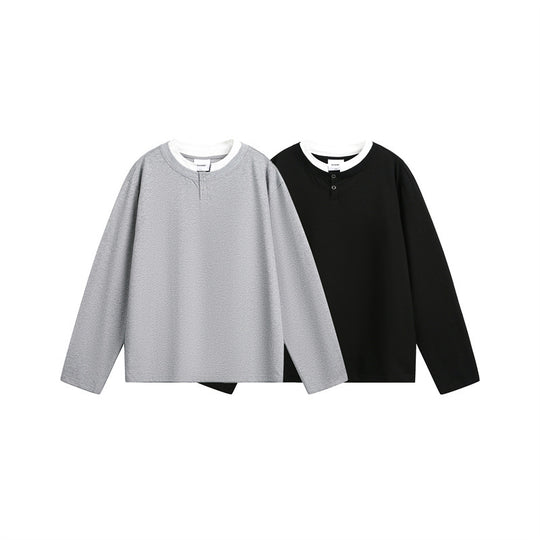 Unisex Lässiges Layering-Henley-Langarmshirt mit Kontrast-Doppelkragen Shop Nory