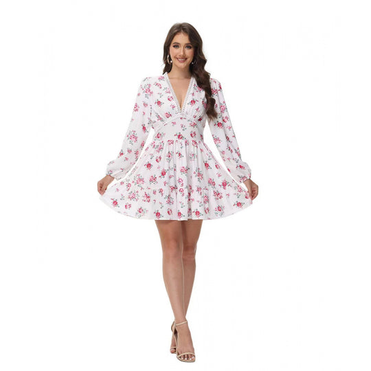Damen Boho-florales Minikleid mit V-Ausschnitt und Puffärmeln Shop Nory