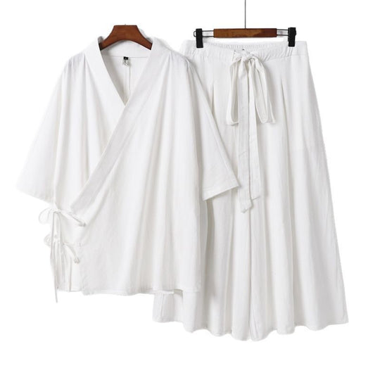 Damen Kimono-Loungewear-Set aus leichter Viskose mit Wickeloberteil und weitem Culotte-Hosenrock Shop Nory