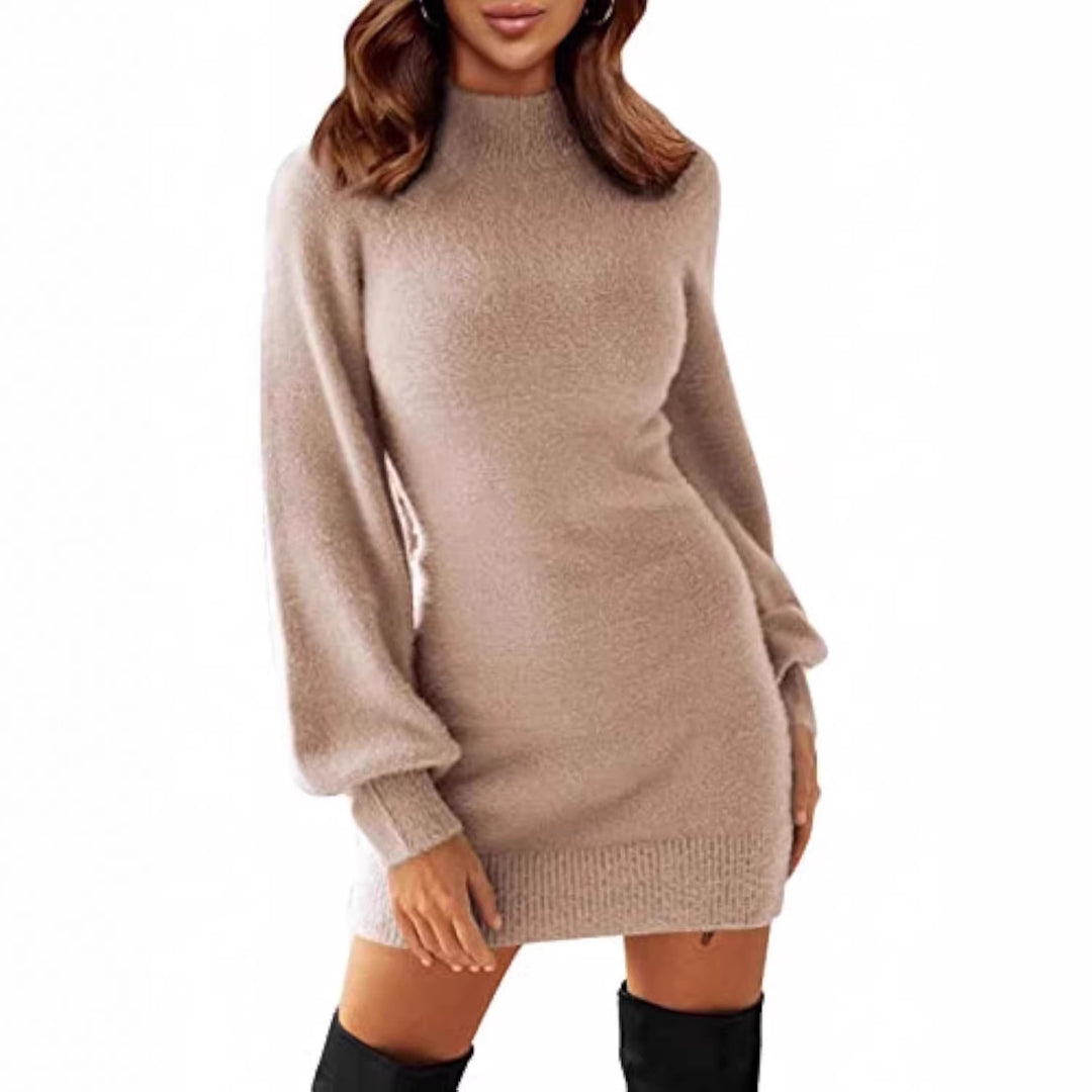 Damen Tailliertes Teddy-Strick-Minikleid mit Stehkragen und Ballonärmeln Shop Nory