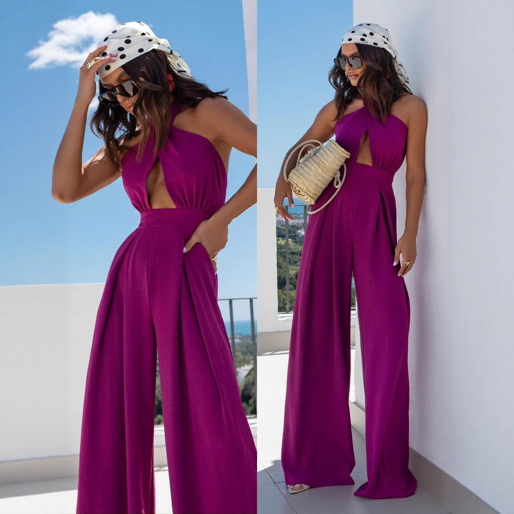 Damen Jumpsuit mit tiefem V-Ausschnitt und weiten Beinen