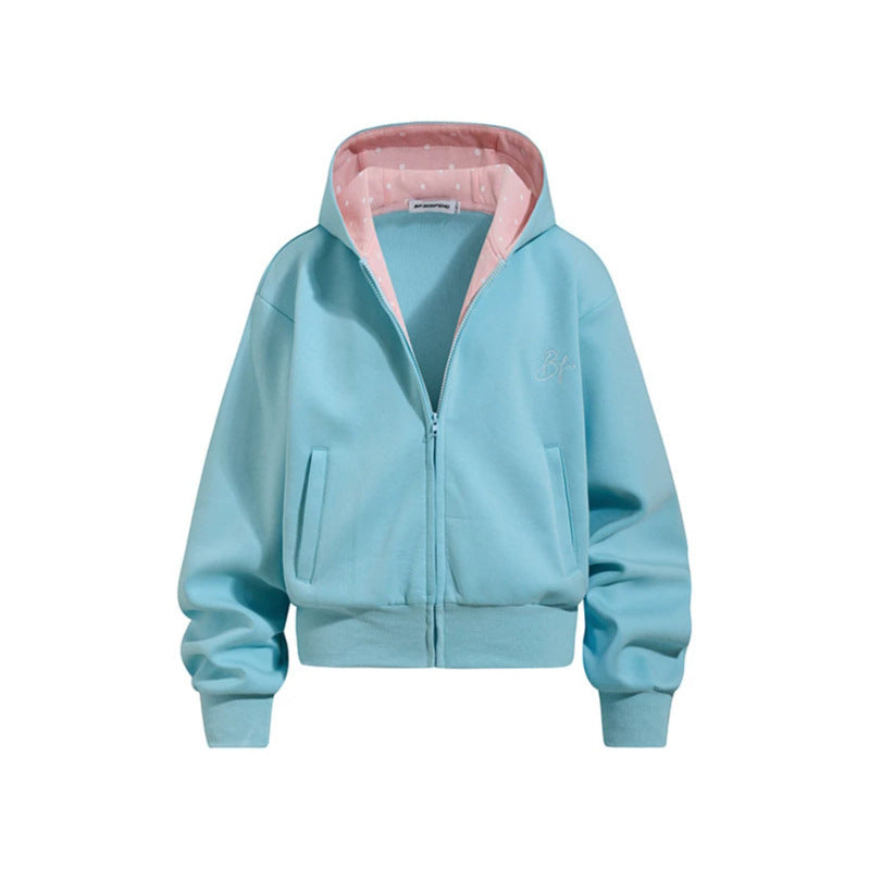 Damen Gekürzte Kapuzen-Sweatjacke mit Reißverschluss, gefütterter Kapuze und Rippbündchen Shop Nory