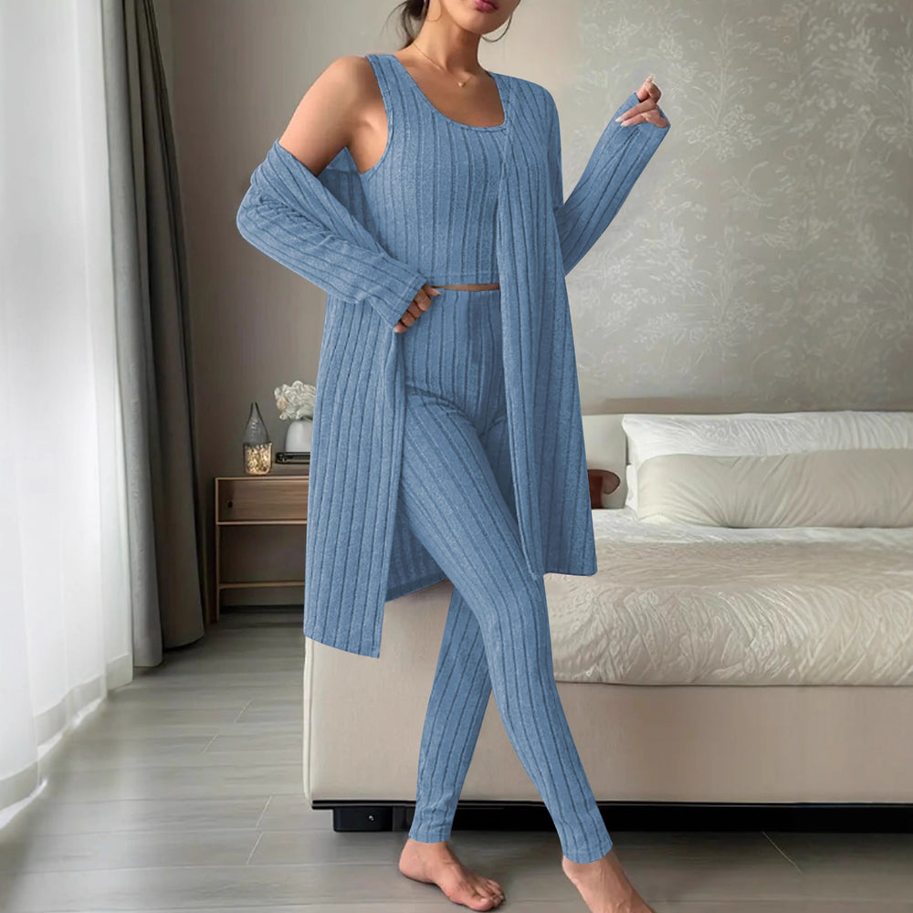 Damen Dreiteiliges geripptes Lounge-Set mit Longcardigan, Crop-Top und High-Waist-Leggings Shop Nory