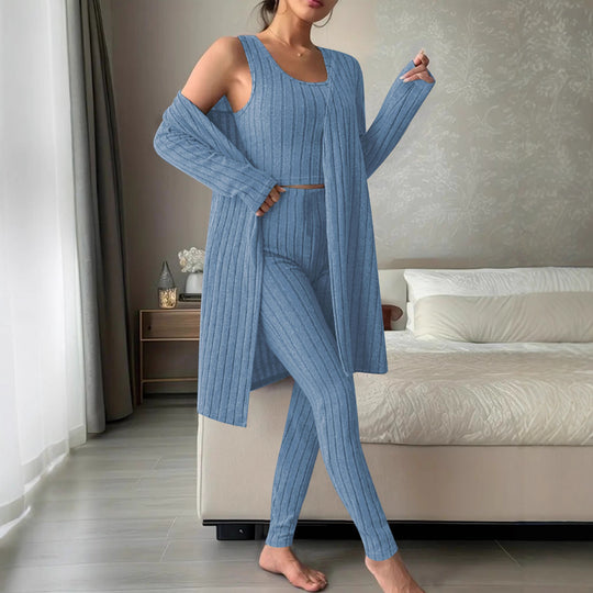 Damen Geripptes Feinstrick-Lounge-Set mit Longcardigan, kurzes Top und hochtaillierten Leggings Shop Nory