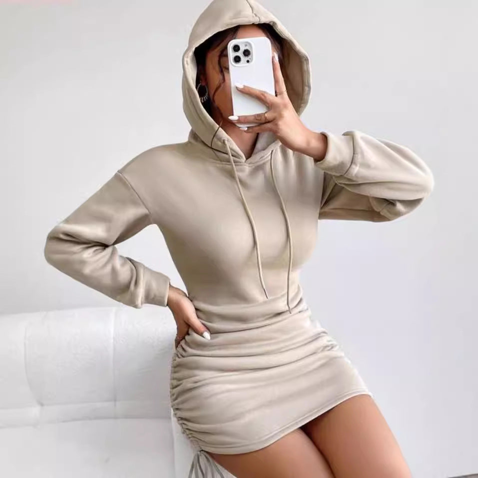 Damen Kapuzenkleid im Sweatshirt‑Stil mit gerafftem Minirock und Kordelzügen Shop Nory