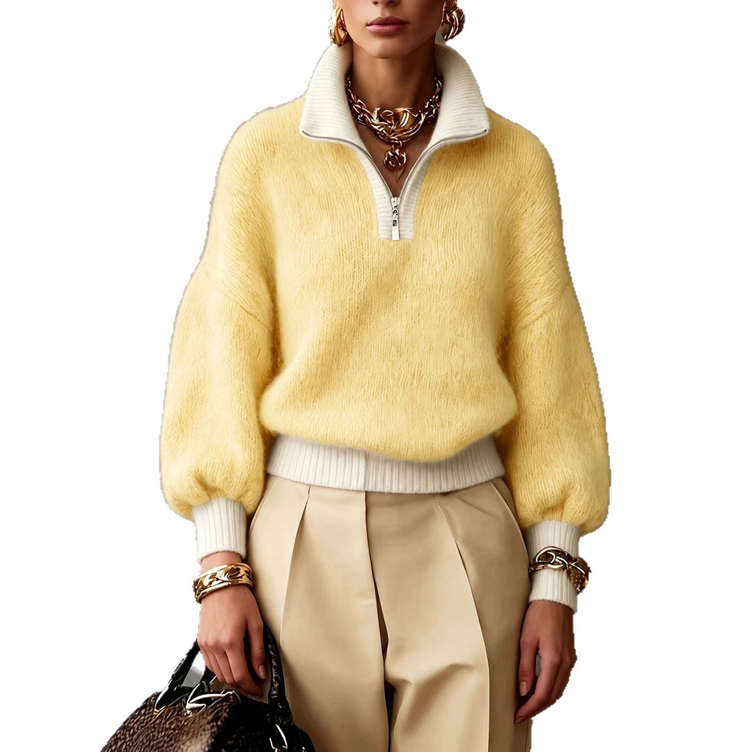 Damen Flauschiger Pullover mit halbem Reißverschluss, Stehkragen und Ballonärmeln Shop Nory
