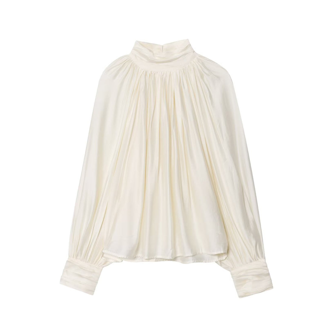 Damen Plissierte Satinbluse mit Stehkragen und Ballonärmeln Shop Nory