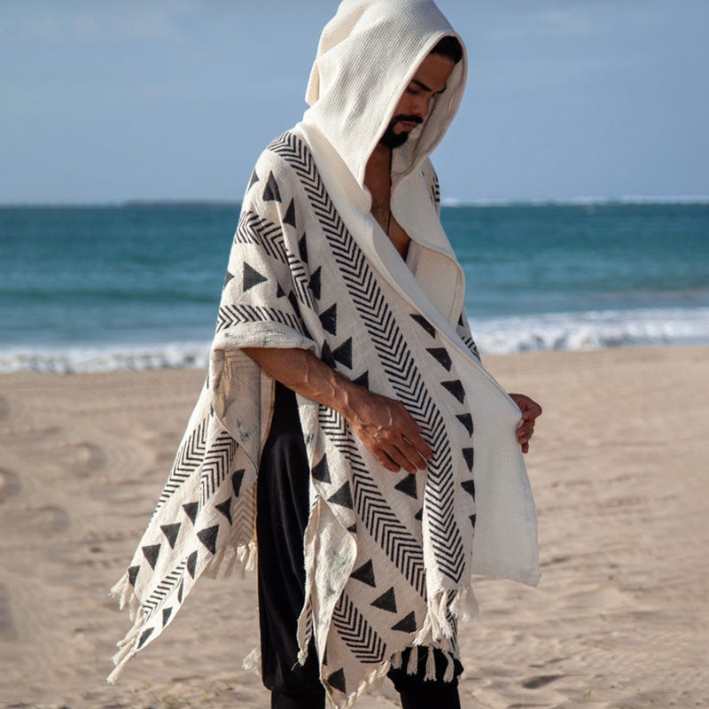 Herren Strandponcho mit Kapuze und geometrischem Jacquardmuster Shop Nory