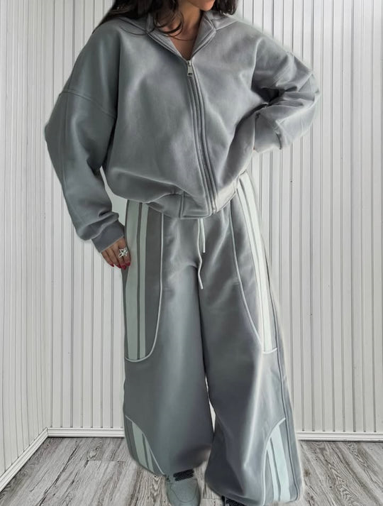 Damen Oversize Kapuzen-Sweatjacke mit Reißverschluss und weitem Trackpant-Set Shop Nory