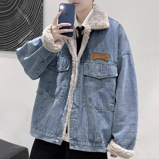 Herren Gefütterte Oversized Denimjacke mit Teddyfutter und Pattentaschen Shop Nory