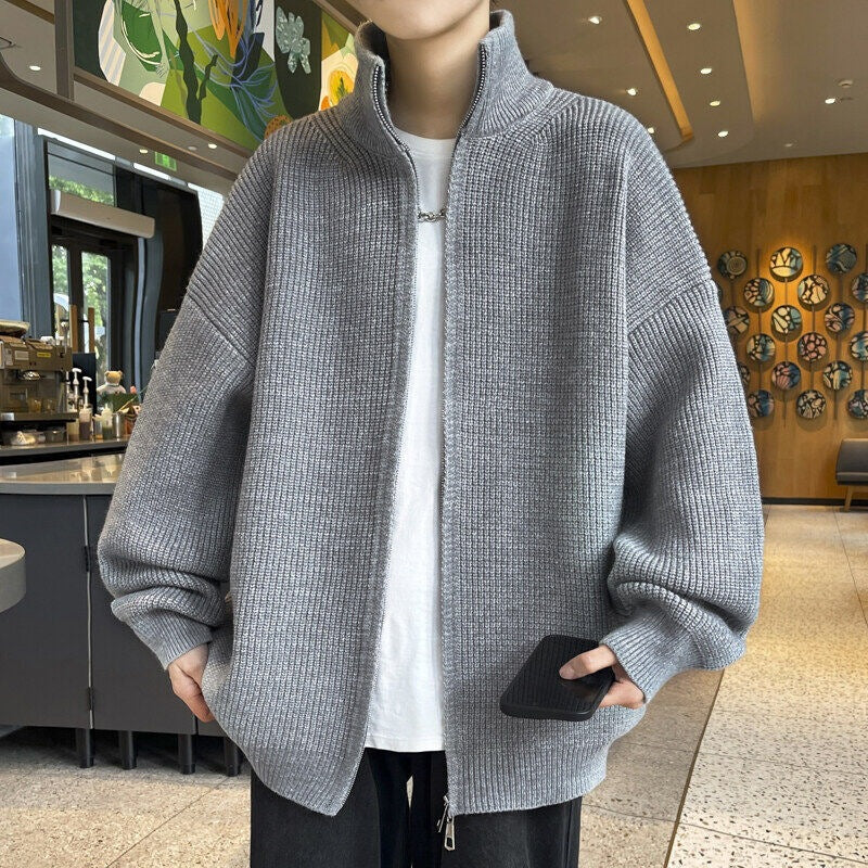 Unisex Oversized Strick-Zipjacke mit Stehkragen und Rippbündchen Shop Nory