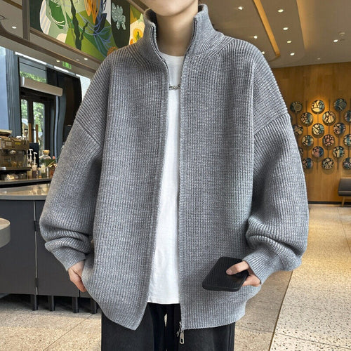 Unisex Oversized Strick-Zipjacke mit Stehkragen und Rippbündchen Shop Nory
