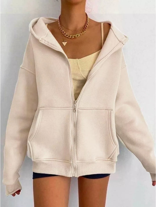 Damen nan minimalistisches French-Terry Zip-Hoodie mit durchgehendem Reißverschluss, Kängurutasche und Daumenloch-Ärmeln Shop Nory