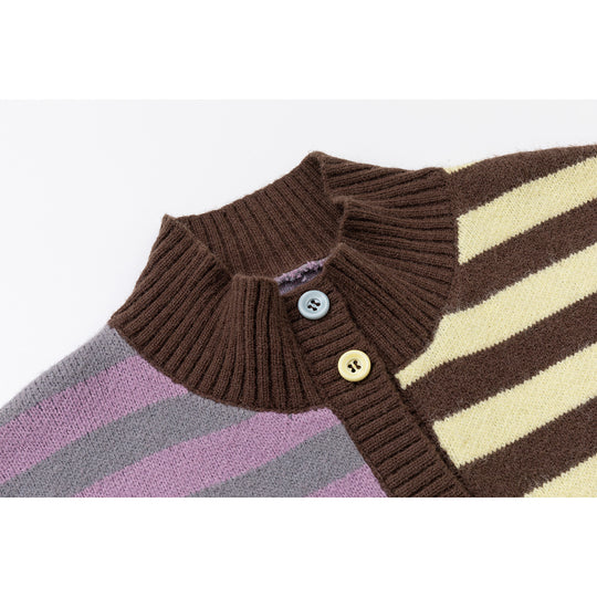 Damen Strickjacke im Patchwork-Streifenmix mit Stehkragen und Knopfleiste Shop Nory