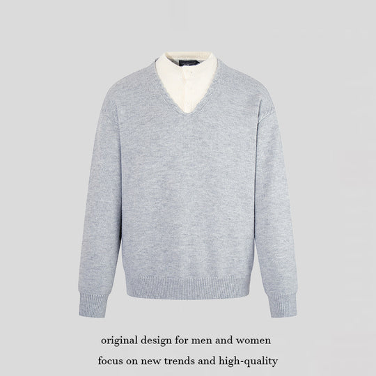 Herren Feiner V-Ausschnitt-Pullover mit Lagenoptik und Stehkragen-Innenteil Shop Nory