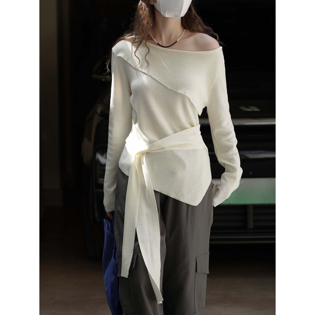 Damen Asymmetrisches One-Shoulder Feinstrick-Top mit Bindegürtel Shop Nory