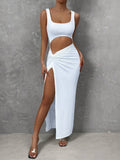 Damen Figurbetontes Cut-Out Maxikleid mit hohem Schlitz und Rüschendetail
