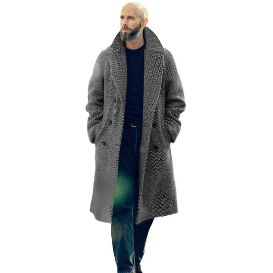 Herren Doppelreihiger Wollmix-Mantel mit Fischgrätstruktur und Taillengürtel Shop Nory