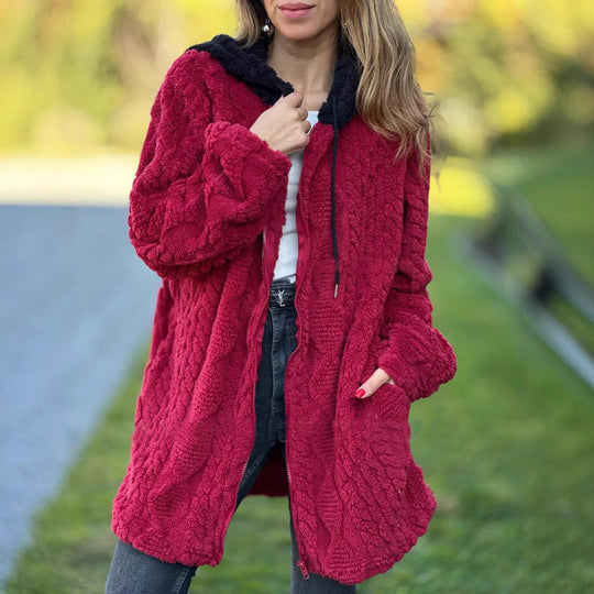Damen nan oversized Teddy-Manteljacke mit Kontrastkapuze, Reißverschluss und Eingrifftaschen Shop Nory