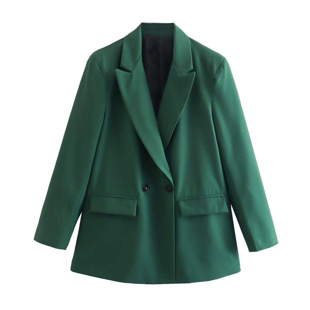 Damen Doppelreihiger Longblazer mit weitem Schalkragen und Pattentaschen Shop Nory
