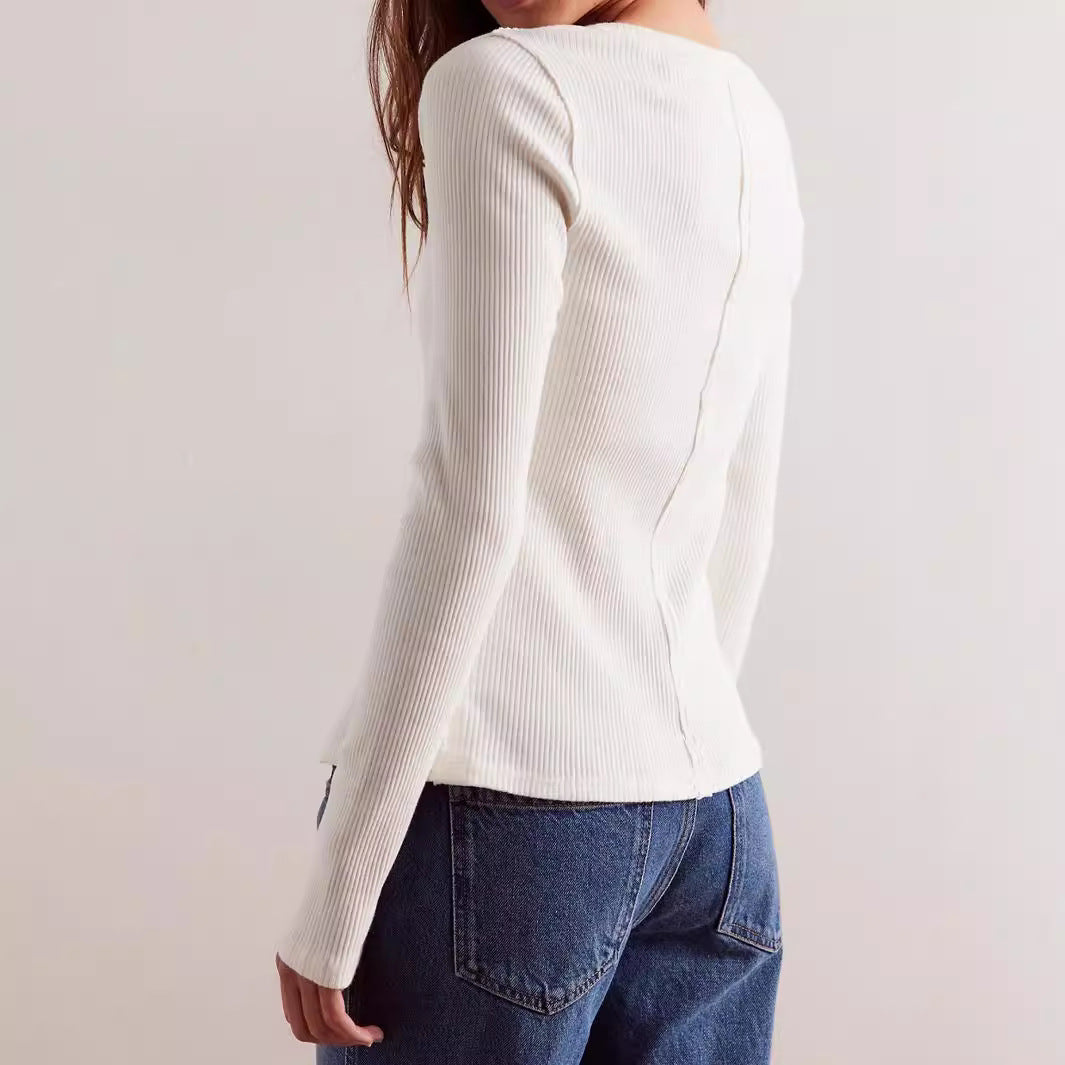Damen gerippte taillenbetonte Knopf-Strickjacke mit Rundhals Shop Nory