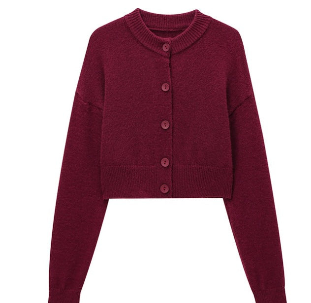 Damen Kurze Strickjacke mit Knopfleiste und Elegantem Rundhalsausschnitt Shopnory
