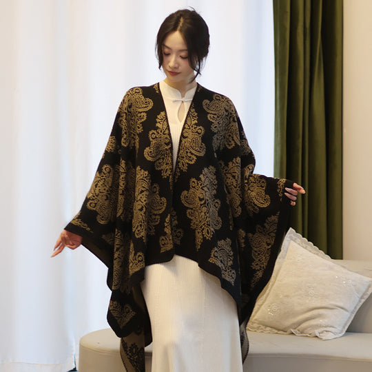 Damen Oversize-Wickelcape mit doppelseitigem Jacquard und asymmetrischem Zipfelsaum Shop Nory