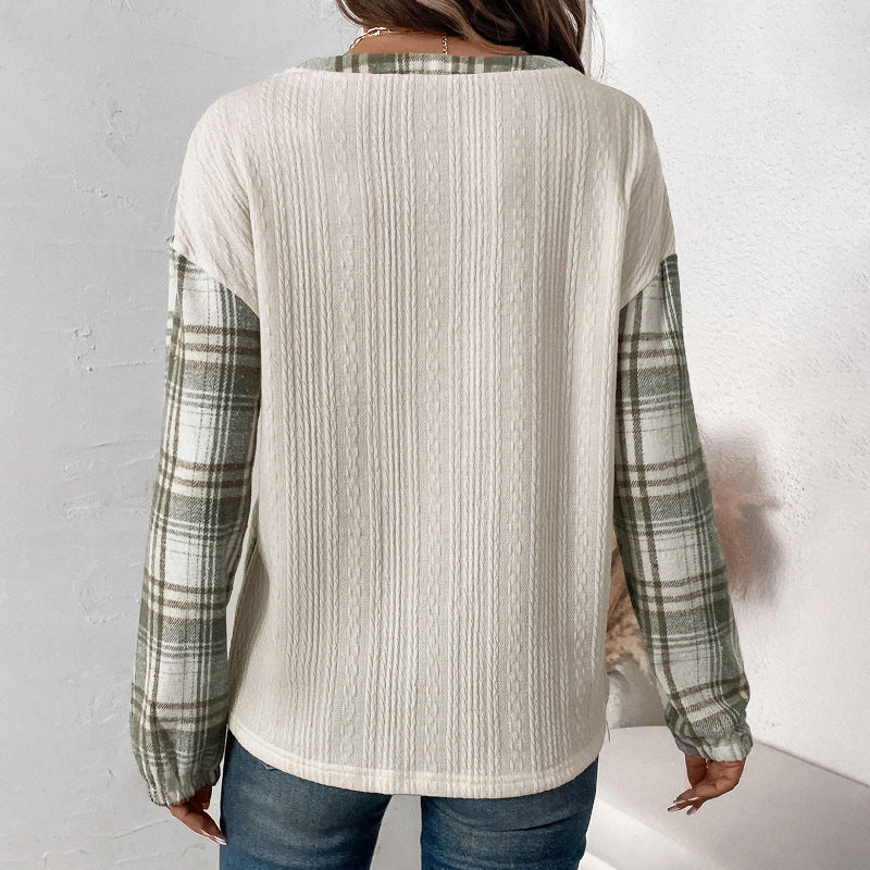 Damen Langärmeliges Strick-Blend-Shirt mit Karo-Ärmeln, Henley-Knopfleiste & Strukturmix Shop Nory