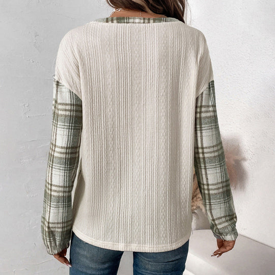Damen Langärmeliges Strick-Blend-Shirt mit Karo-Ärmeln, Henley-Knopfleiste & Strukturmix Shop Nory