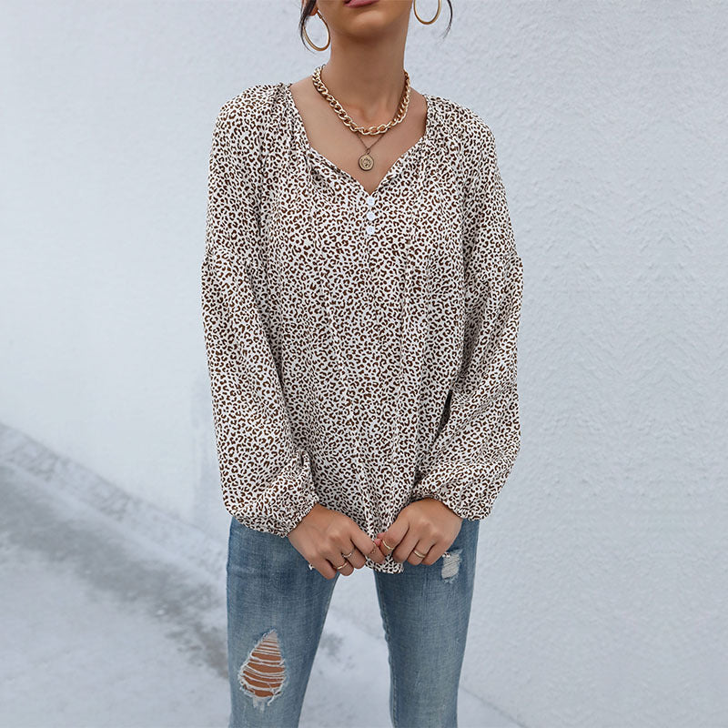 Damen Leopardenprint-Bluse mit V‑Ausschnitt, leichter Viskoseoptik und Ballonärmeln Shop Nory