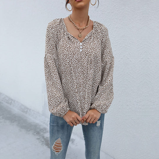 Damen Leopardenprint-Bluse mit V‑Ausschnitt, leichter Viskoseoptik und Ballonärmeln Shop Nory