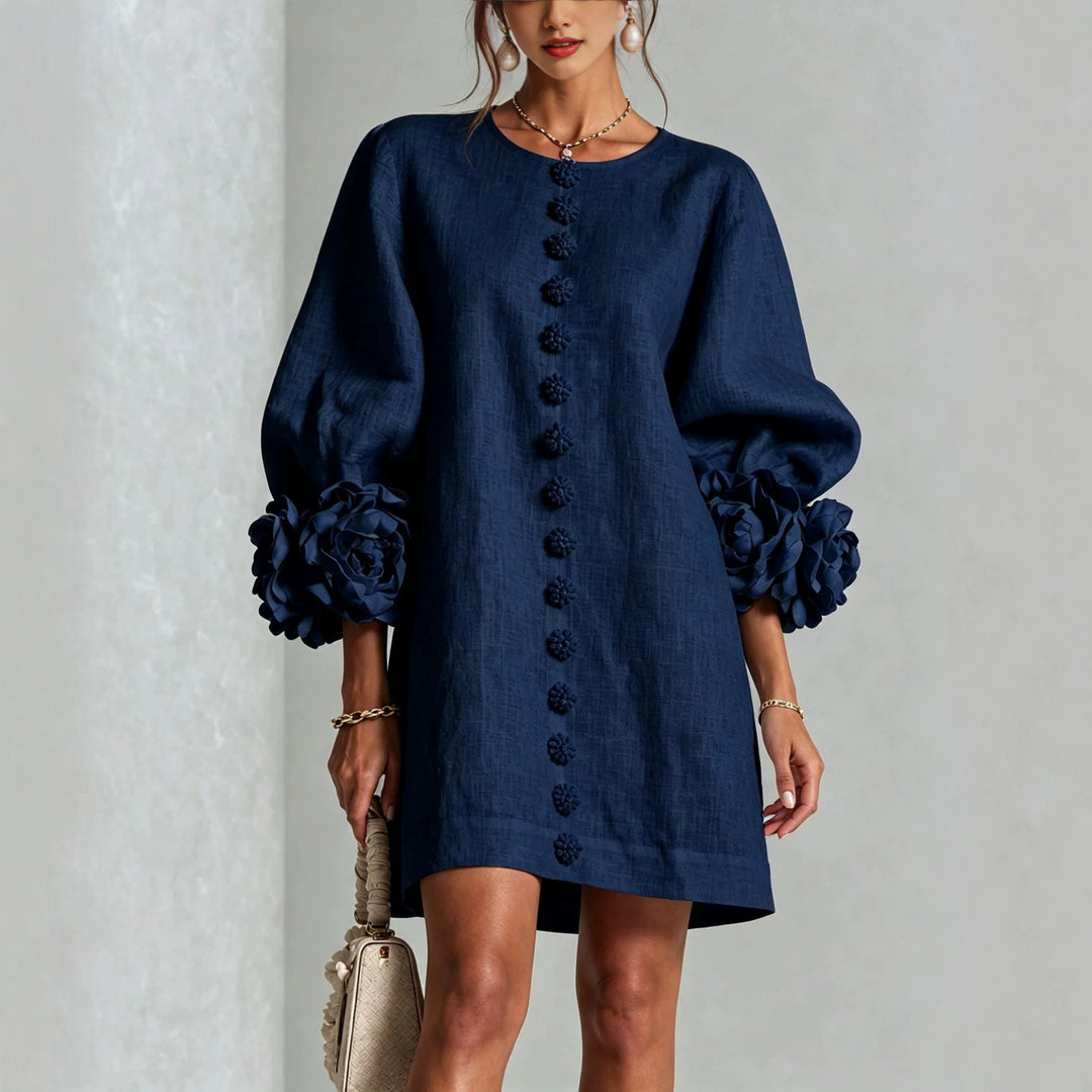Damen Leinenkleid im A‑Linien‑Schnitt mit Ballonärmeln und 3D‑Blütenverzierung Shop Nory