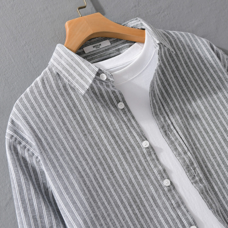 Herren Lässiges Leinen-Baumwoll-Langarmhemd mit feinem Nadelstreifen, Easy‑Care Finish und abgerundetem Saum Shop Nory
