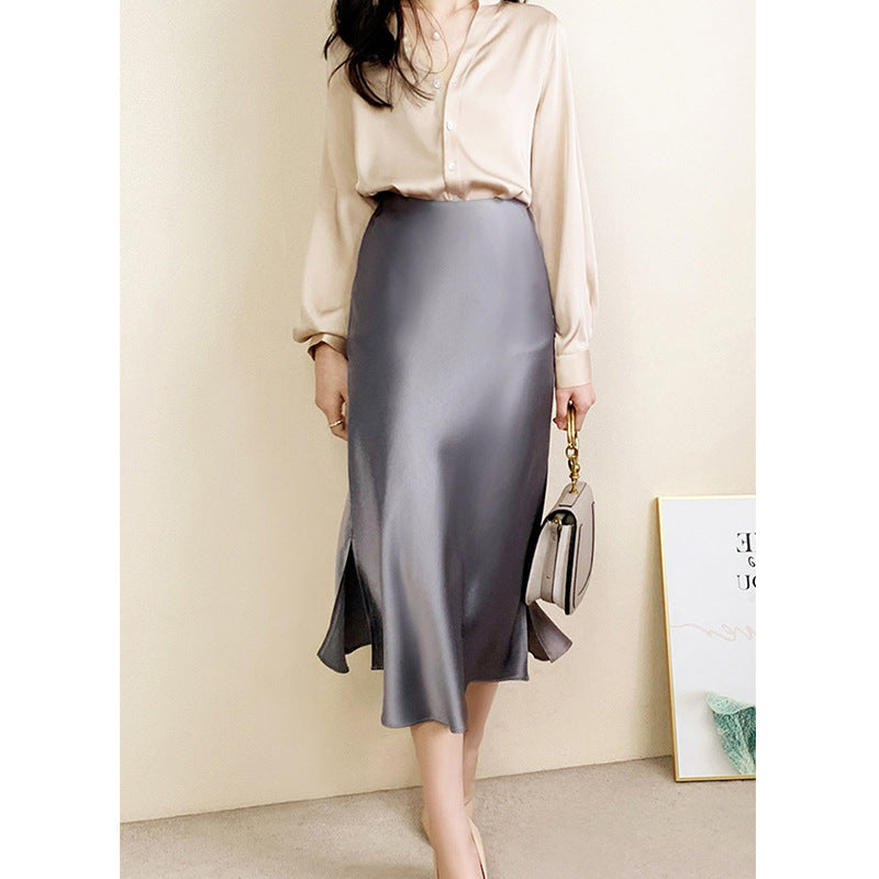 Damen Luxuriöser Satin Midirock mit hohem Schlitz Shop Nory