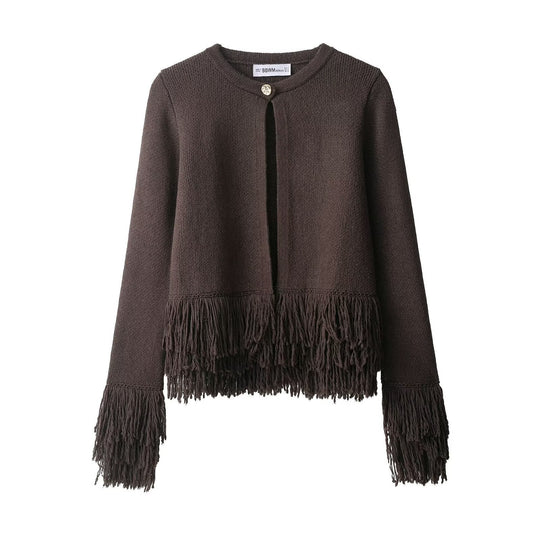 Damen Fransen Strickjacke mit eleganter Knopfverschlusstechnik