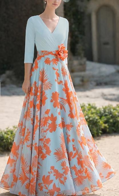Damen Florales Maxikleid mit Wickeloberteil, dreiviertel-Ärmeln und ausgestelltem Rock Shop Nory