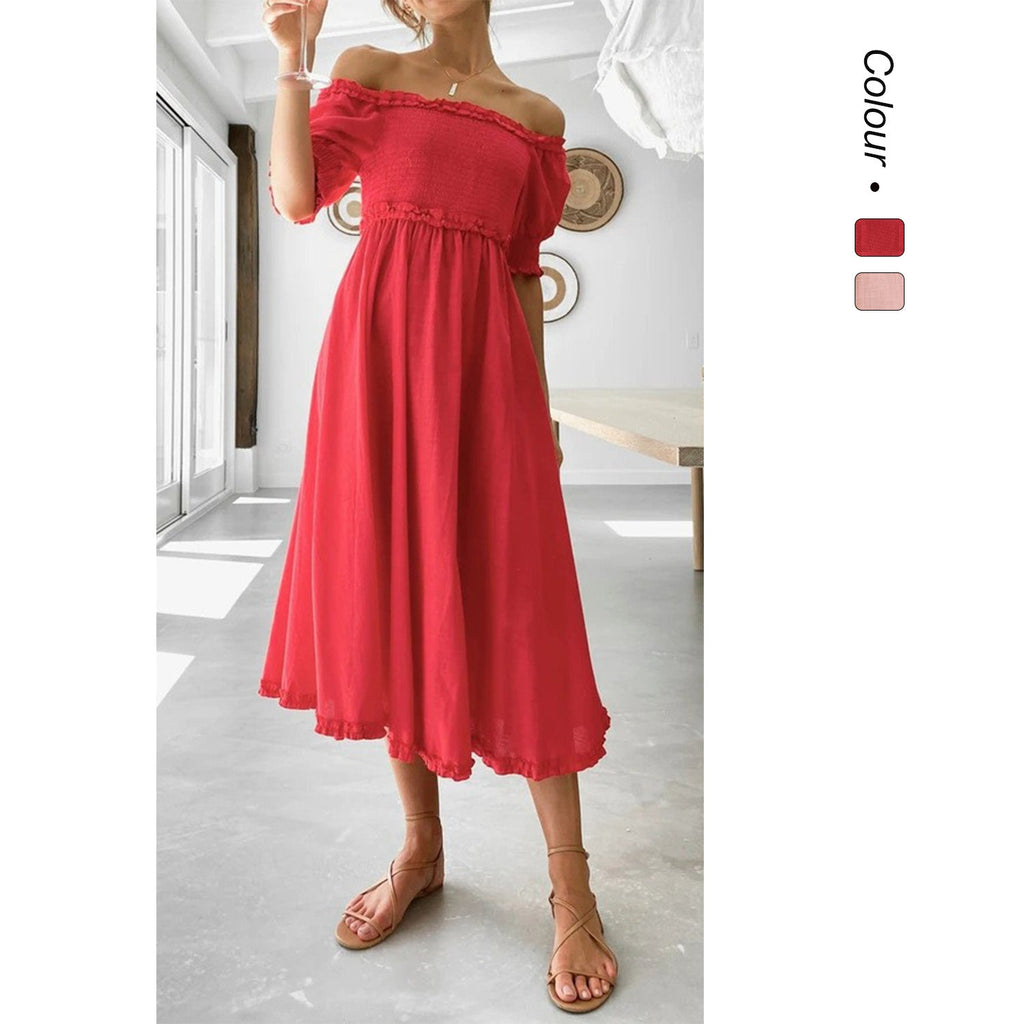 Damen Off-Shoulder Midikleid mit luftiger Silhouette und Rüschendetails Shopnory