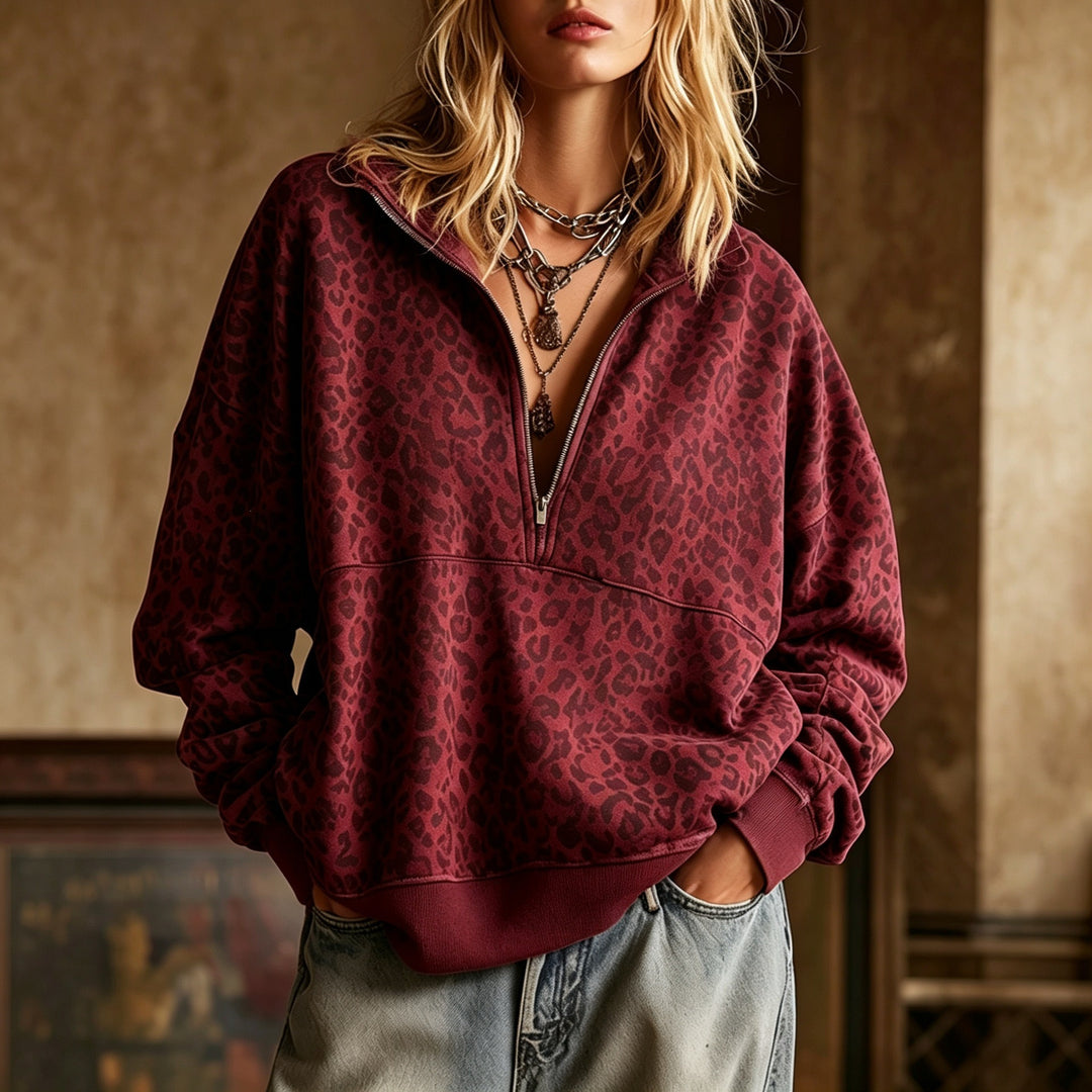 Damen Oversize Sweatshirt mit halbem Reißverschluss und Leo-Print Shop Nory