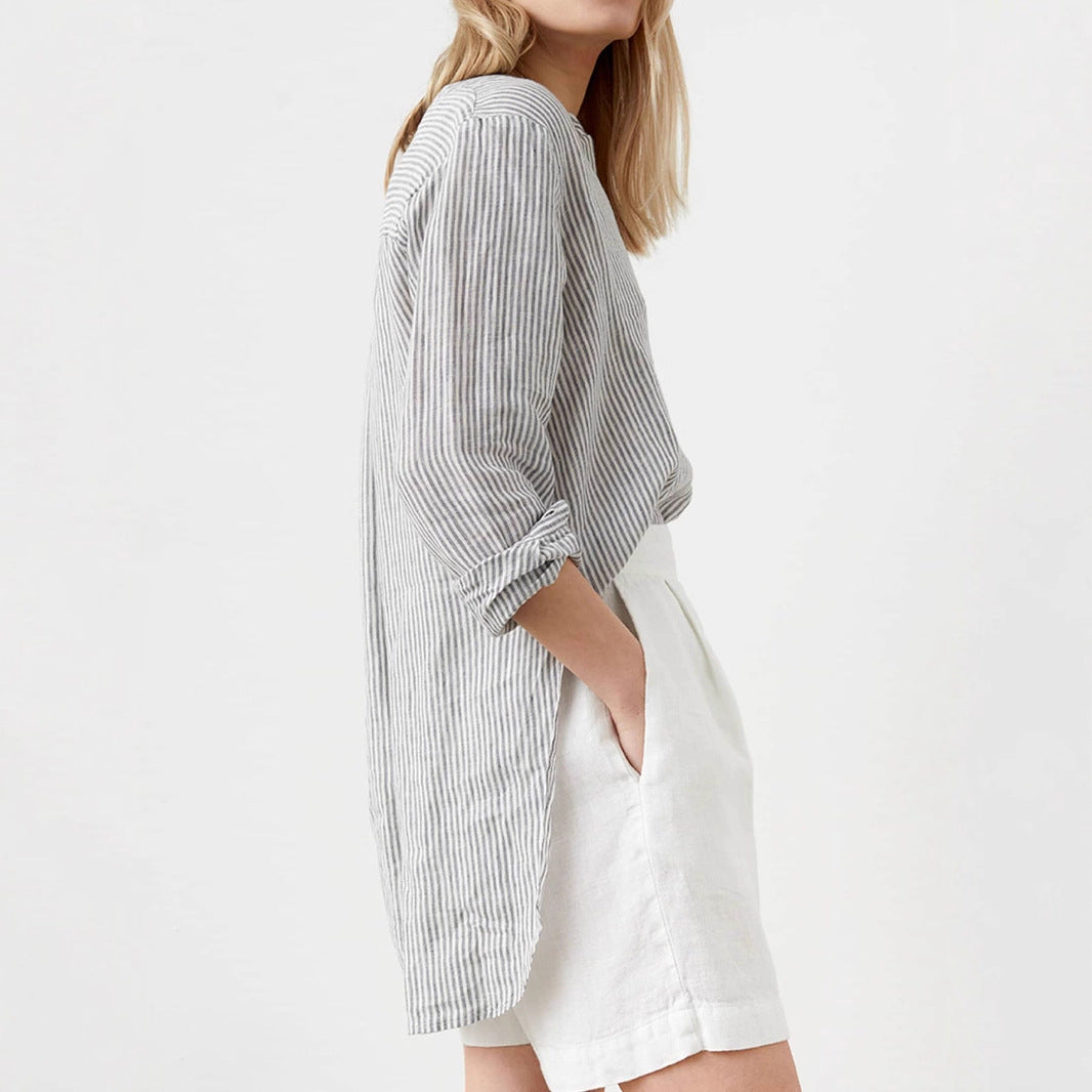 Damen Leichtes gestreiftes Tunika-Bluse mit Stehkragen und hohem Saum Shop Nory