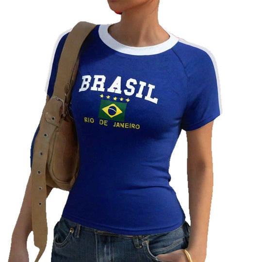 Damen T-Shirt mit kreativem Brasilien-Design und körperbetontem Schnitt Shopnory