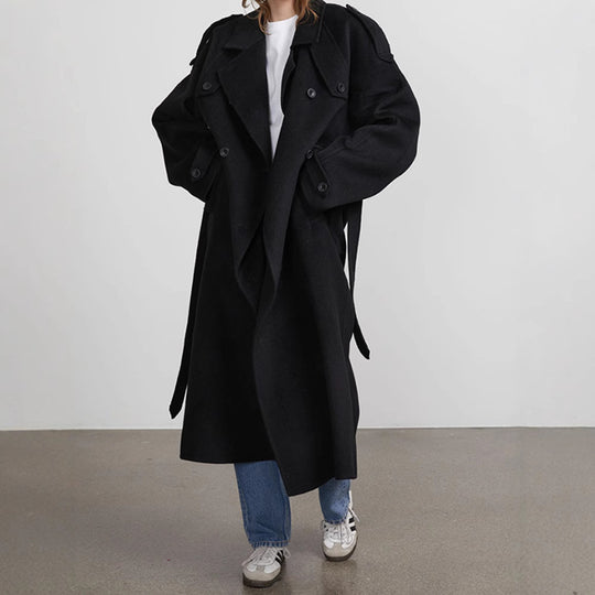 Damen Langer Wollmix-Mantel mit breitem Revers, Epauletten und verstellbaren Ärmelriegeln Shop Nory