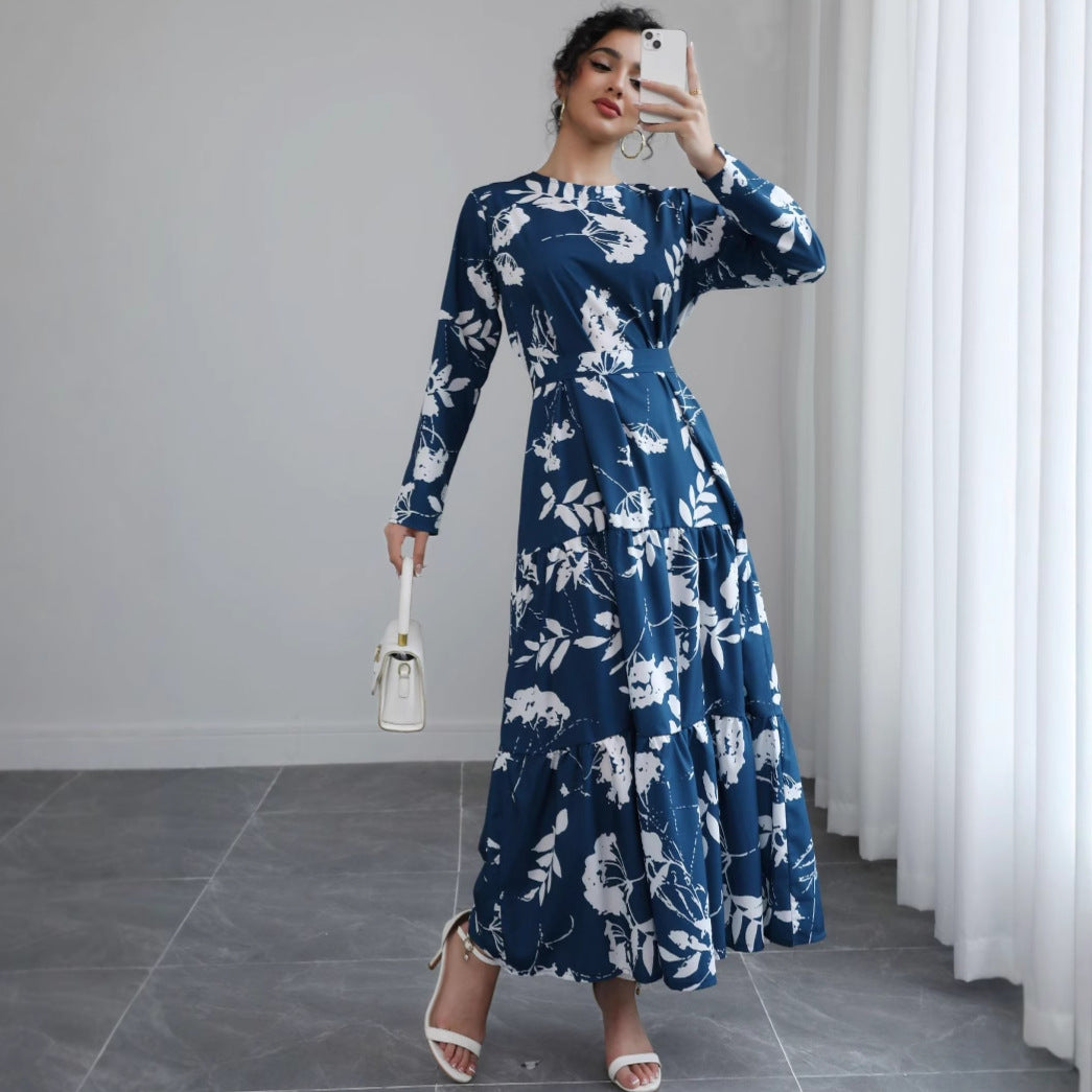 Damen Langes Blumen-Tiered-Maxikleid mit Taillengürtel & Rundhalsausschnitt Shop Nory