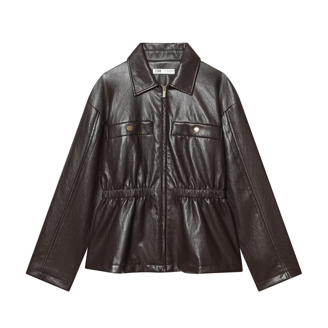 Damen Kurzjacke in veganer Lederoptik mit taillierendem Tunnelzug und Pattentaschen Shop Nory